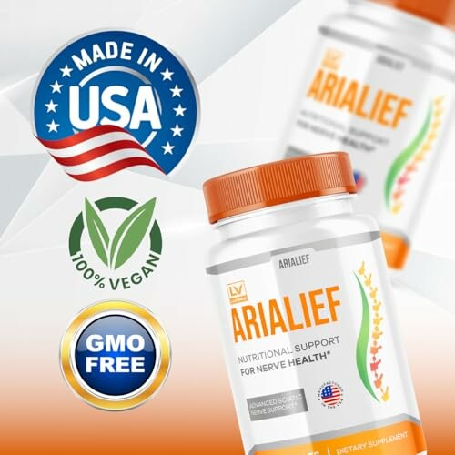 Arialief nutritional supplement bottle with Made in USA, 100% Vegan, GMO Free labels.