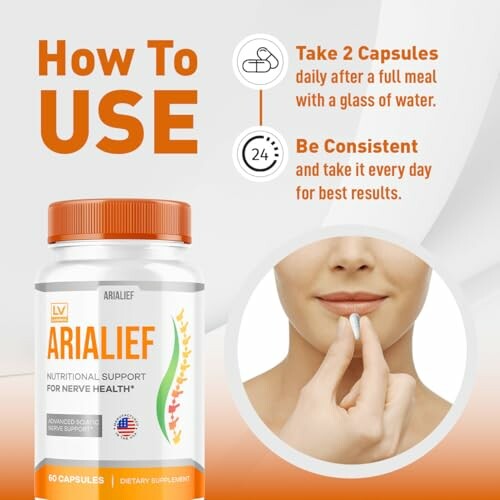 Instructions for using Arialief supplement with image of woman taking capsule.