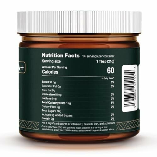 Brown jar with nutrition facts label.
