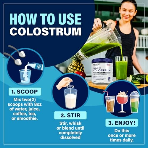 Instructions on how to use colostrum, including scooping, stirring, and enjoying.