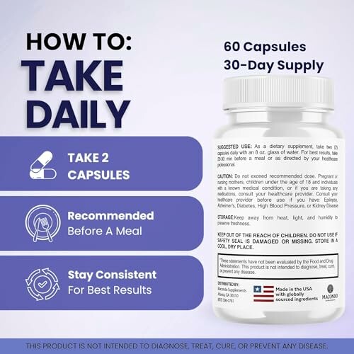 Supplement bottle with daily usage instructions and benefits for brain health