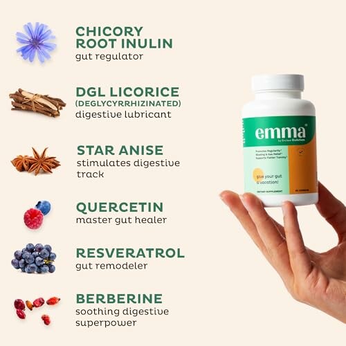 Hand holding a bottle labeled Emma with text listing digestive health ingredients like chicory root inulin, DGL licorice, star anise, quercetin, resveratrol, and berberine.