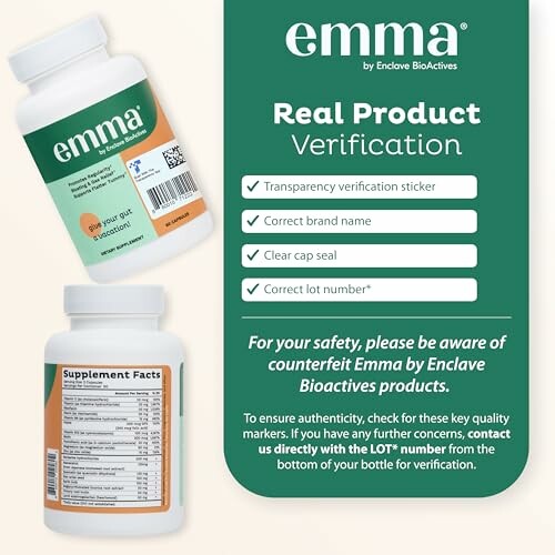 Emma supplement bottle with verification checklist.
