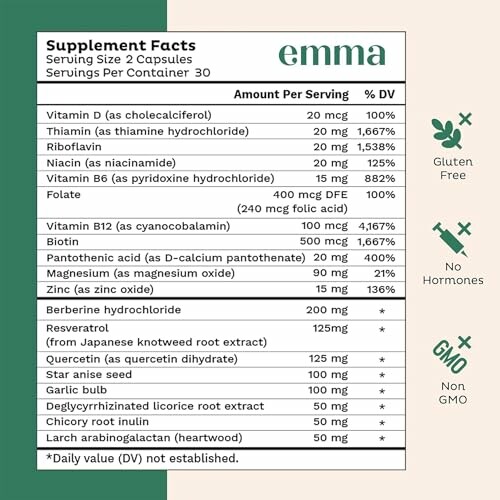 Emma supplement facts label with nutritional information and icons for gluten-free, no hormones, and non-GMO.