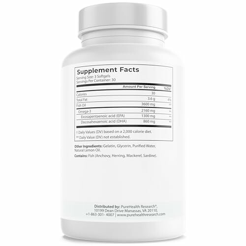 Fish oil supplement bottle with nutritional facts label.