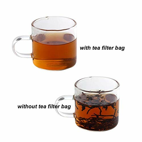Two glass teacups showing tea with and without a filter bag.
