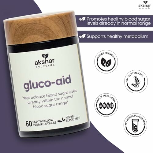 Gluco-Aid supplement bottle with health benefits icons.
