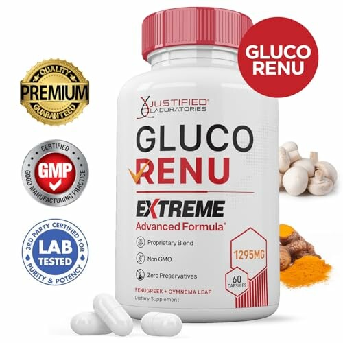 GlucoRenu supplement bottle with quality seals and capsules.