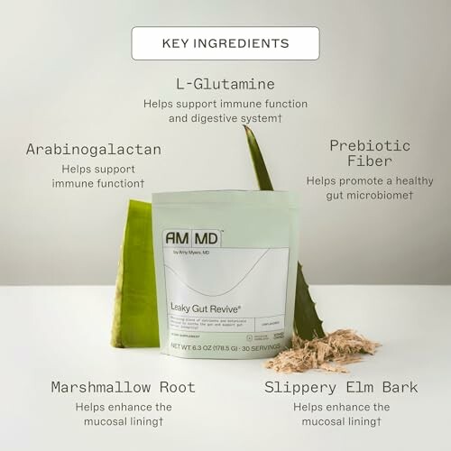 Leaky Gut Revive ingredients with L-Glutamine, Arabinogalactan, Prebiotic Fiber, Marshmallow Root, and Slippery Elm Bark.