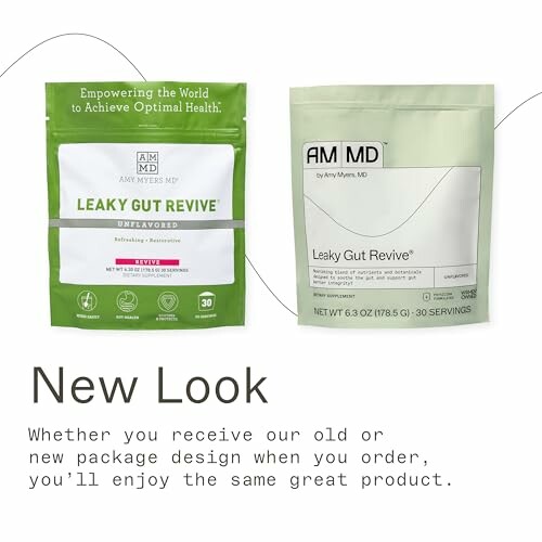 Two packaging designs of Leaky Gut Revive supplement.