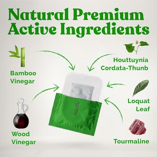 Infographic showing natural premium active ingredients with bamboo vinegar, houttuynia cordata-thunb, loquat leaf, wood vinegar, and tourmaline.