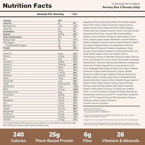 Nutrition facts label for protein powder with 240 calories, 25g plant-based protein, 6g fiber, and 26 vitamins and minerals.