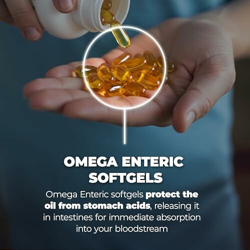 Person pouring omega enteric softgels into hand.