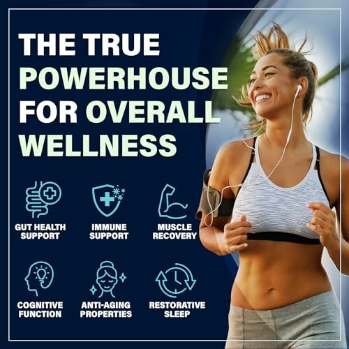 Woman jogging with wellness benefits icons and text.