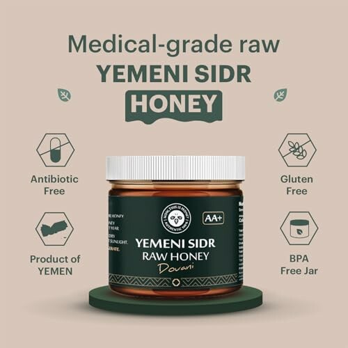 Jar of Yemeni Sidr raw honey with health benefits listed.