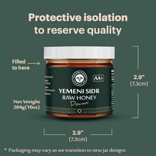 Jar of Yemeni Sidr raw honey with dimensions and weight.